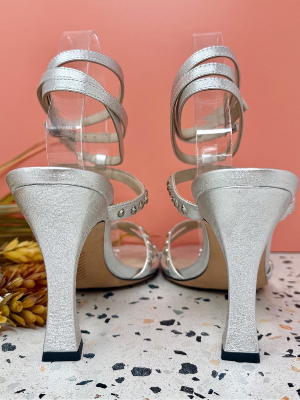 Paige Wellie Silver Rhinestone Strappy Heels Size 10 Wedding Guest Prom - Picture 9 of 13